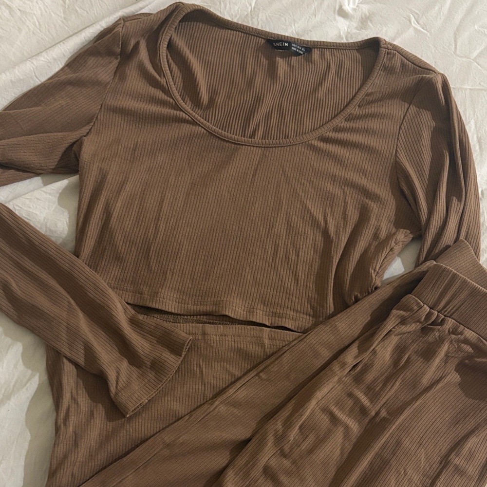 Brown Ribbed Women's two piece set